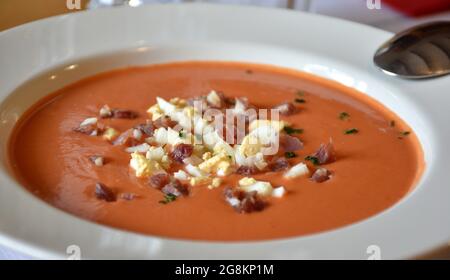 Salmorejo Gericht, typisch für die Provinz Córdoba, Spanien. ES WIRD mit Paniermehl, Tomaten, Olivenöl, Knoblauch und Salz hergestellt. In diesem Fall Begleitung Stockfoto