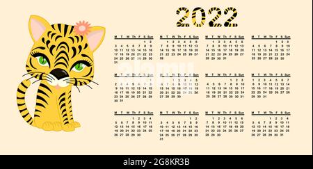 Kalender-Design-Vorlage für 2022, das Jahr des Tigers nach dem chinesischen Kalender. Cute Tiger. Vektormaterial flache Abbildung. Stock Vektor