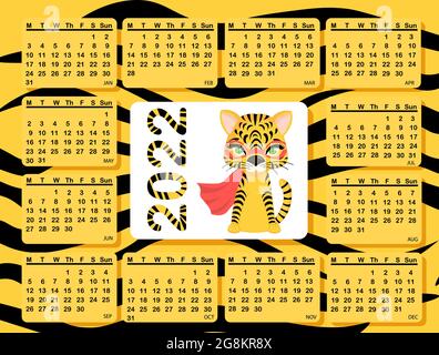 Kalender-Design-Vorlage für 2022, das Jahr des Tigers nach dem chinesischen Kalender. Cute Tiger. Vektormaterial flache Abbildung. Stock Vektor