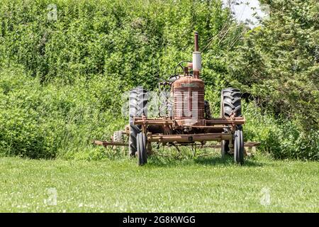 Alte rote Farmall Traktor auf einem Feld sitzen Stockfoto