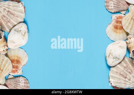 Meer rahmen. Verschiedene marine Elemente auf Blau Holz- Hintergrund. Meer Objekte auf Holzbohlen. Selektive konzentrieren. Für text Stockfoto