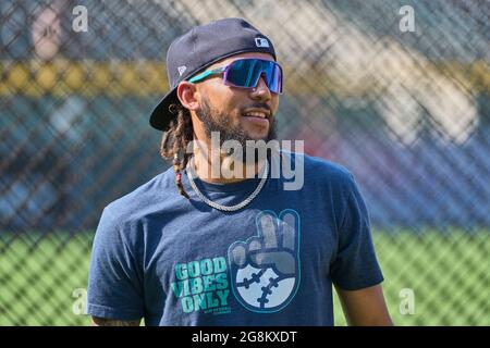 Denver, USA, 21. Juli 2021. Juli 1202021: Seattle Shortstop J.P. Crawford (3) während des Vorspiels mit den Seattle Mariners und den Colorado Rockies im Coors Field in Denver Co. David Seelig/Cal Sport Medi Credit: CAL Sport Media/Alamy Live News Stockfoto