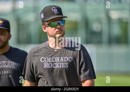 Denver, USA, 21. Juli 2021. Juli 1202021: Colorado Pitcher Peter Lambert (23) während des Vorspiels mit den Seattle Mariners und den Colorado Rockies, das im Coors Field in Denver Co. Stattfand.David Seelig/Cal Sport Medi Credit: CAL Sport Media/Alamy Live News Stockfoto