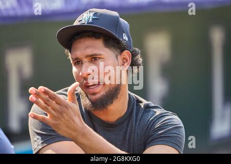 Denver, USA, 21. Juli 2021. Juli 1202021: Seattle Pitcher Yohan Ramirez (55) während des Vorspiels mit den Seattle Mariners und den Colorado Rockies im Coors Field in Denver Co. David Seelig/Cal Sport Medi Credit: CAL Sport Media/Alamy Live News Stockfoto