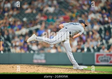 Denver, USA, 21. Juli 2021. Juli 1202021: Seattle Pitcher Kendall Graverman (49) spielt während des Spiels mit den Seattle Mariners und den Colorado Rockies, das im Coors Field in Denver Co. Stattfand.David Seelig/Cal Sport Medi Credit: CAL Sport Media/Alamy Live News Stockfoto