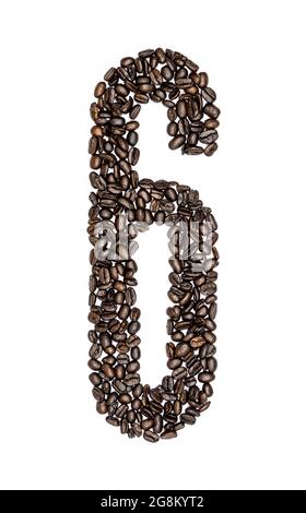 Nummer sechs aus Kaffeebohnen 6 Kaffeebohnen sorgfältig arrangiert, um die Nummer sechs zu schaffen. Schriftart von Kaffeebohnen. Stockfoto