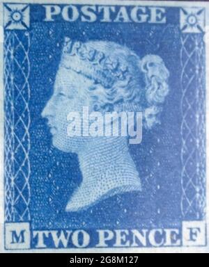 Ungebrauchte 'zwei Penny Blue'-Briefmarken von Queen Victoria, ausgestellt am 8. Mai 1840 nach einem Entwurf von William Wyon Stockfoto