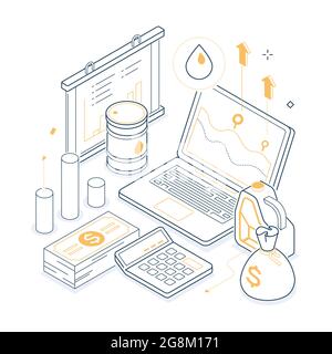 Ölpreise - gelbe und schwarze isometrische Linienabbildung. Verfolgung, Investitionen, Budgetidee. Eine Komposition mit Banknoten, Dollarzeichen, Münzen, Geld Stock Vektor