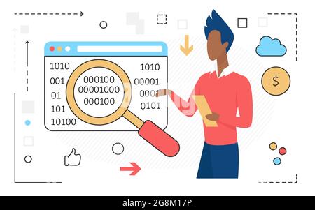 Geschäftsleute denken im Arbeitsprozess, lösen Problemvektoren. Cartoon Geschäftsmann Charakter denken, in der Nähe von Textblase stehen, Zahnräder im Inneren, Fragezeichen Fenster auf weiß isoliert Stock Vektor