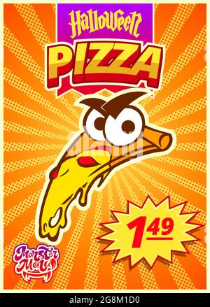Monster-Menü mit mexikanischer Pizza. Vertikales Banner mit Preisschild für Fast-Food-Café für Halloween-Tag. Vektorclipart. Stock Vektor
