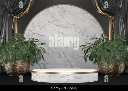 Die tropische Granit Podium geometrischen und Pflanzen Dekoration auf schwarzem Hintergrund .3D-Rendering Stockfoto