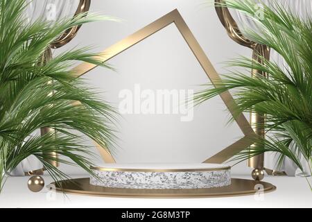 Tropischer Granit Podium geometrische und Pflanzen Dekoration auf weißem Hintergrund .3D-Rendering Stockfoto