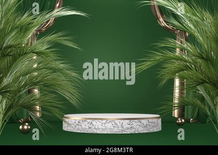 Green Tropical Granit Podium geometrische und Pflanzen Dekoration auf schwarzem Hintergrund .3D-Rendering Stockfoto