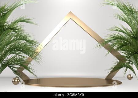 Tropische weiße Podium geometrische und Pflanzen Dekoration auf weißem Hintergrund .3D-Rendering Stockfoto