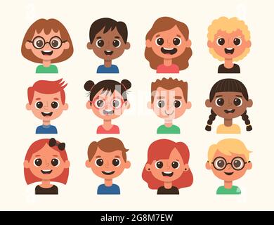Kinder-Avatar im Cartoon-Stil. Unterschiedliche Frisur und Hautfarbe. Vektorgrafik. Set 4 von 4. Stock Vektor