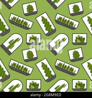 Nahtlose grüne Pflanzen pattern Kaktus und Sukkulenten in Glastöpfen. Haus exotische Pflanzen Hintergrund, transparente Gläser Vektor-Illustration Stock Vektor