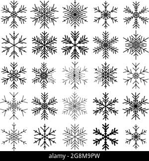 Vector Set von verschiedenen Schneeflocken auf schwarzem Hintergrund Stock Vektor