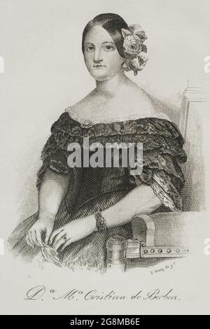 María Cristina de Borbón Dos Sicilias (1806-1878). Königin Gemahlin von Spanien zwischen 1829 und 1833 durch ihre Ehe mit König Ferdinand VII., von dem sie seine vierte und letzte Frau war. Regent des Königreichs zwischen 1833 und 1840. Hochformat. Stich von José Gómez. Panorama Español, Crónica Contemporánea. Madrid, 1842. Stockfoto