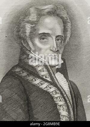 José Aznárez Navarro (1759-1837). Spanischer Politiker. Stellvertreter in den Cortes von Cádiz. Innenminister während des Dreijahreszeitraums der Liberalen zwischen September und Dezember 1823. Hochformat. Stich von Pedro Celestino Maré. Panorama Español, Crónica Contemporánea. Madrid, 1842. Stockfoto