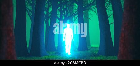 Eine geheimnisvoll leuchtende Figur im Wald bei Nacht (3d-Rendering) Stockfoto
