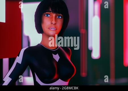 Eine futuristische Frau mit neon Linsen in den Augen (3D-Rendering) Stockfoto