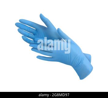 Medizinische Nitrilhandschuhe.zwei blaue OP-Handschuhe isoliert auf weißem Hintergrund mit Händen. Herstellung von Gummihandschuhen, menschliche Hand trägt einen Latex-glo Stockfoto