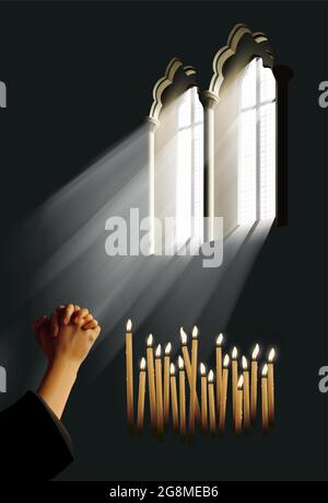 Realistische Vektordarstellung von Händen, die im Gebet umklammt sind, mit brennenden Kerzen unter dem Licht, das durch Kirchenfenster strömt Stock Vektor