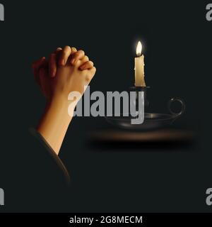 Realistische Vektordarstellung von gebetteten Händen mit angezündeten Kerzen in einem Halter vor dunklem Hintergrund Stock Vektor