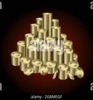 Vektordarstellung von Dollarstapeln als Goldmünzen vor einem abgestuften dunkelroten Hintergrund Stock Vektor