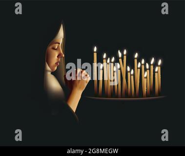 Junge Novizenin, die mit Kerzen betet Stock Vektor