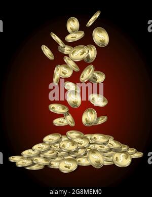 Vektordarstellung von Goldmünzen als US-Dollar, die auf einen Stapel vor einem abgestuften dunkelroten Hintergrund fallen Stock Vektor