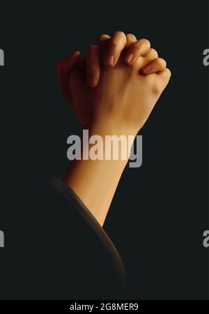 Realistische Vektordarstellung von im Gebet umklammten Händen vor dunklem Hintergrund Stock Vektor