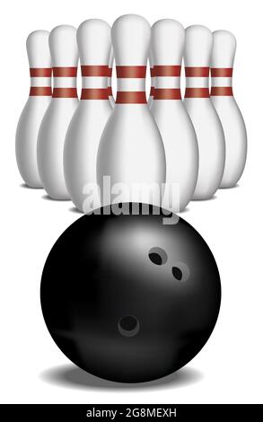 Vektordarstellung von Tenpins, die von einem Bowlingball umgeklopft werden Stock Vektor