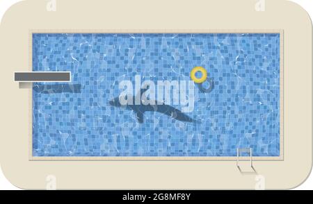Illustration der Luftaufnahme des Schwimmbades mit einem darin schwimmenden Hai Stock Vektor