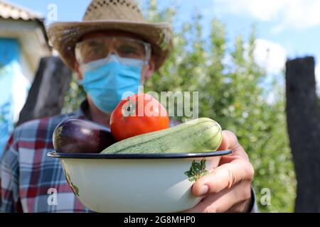 Eine nicht identifizierte unfokussierte Person in einer medizinischen Schutzmaske und Schutzbrille zeigt die Ernte von Gemüse. Coronavirus-Schutz. Selektiver Fokus. Stockfoto