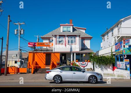 Historische Gebäude an der Ecke Ocean Boulevard und H Street in Hampton Beach, Stadt Hampton, New Hampshire NH, USA. Stockfoto