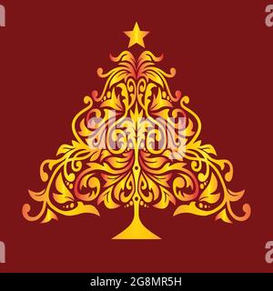 Goldene Weihnachtsbaum Neujahrsparty Einladung Grußkarte Design Vektor Illustration Rot Hintergrund Stock Vektor