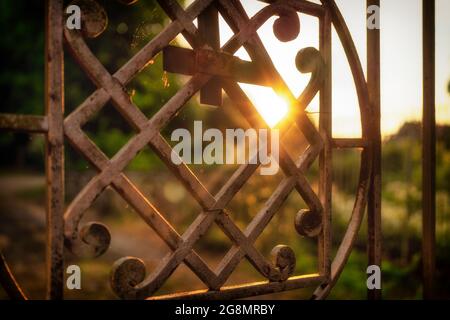 Eine goldene Metalltür im hinterleuchteten Sonnenlicht Stockfoto