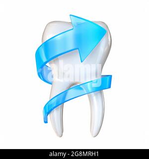 Zahnschutzkonzept mit blauem Pfeil 3D-Renderdarstellung isoliert auf weißem Hintergrund Stockfoto