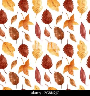Nahtloses Muster mit herbstlich goldenen und braunen Blättern. Aquarell handbemalter botanischer Hintergrund. Geeignet für Ihr Projekt, Dekorationen, Einladungen, Drucke, Geschenkpapier. Stockfoto