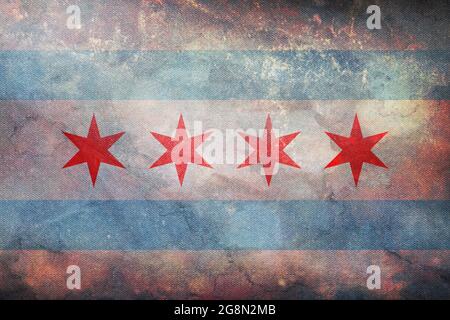 Draufsicht auf die Retro-Flagge von Chicago, Illinois mit Grunge-Struktur. Hintergrund markieren. Patriotisches Konzept über Chicago, Illinois. Stockfoto