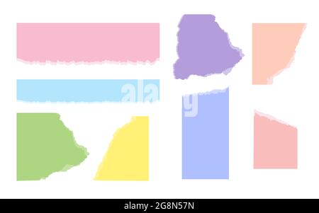 Bunt zerrissenes Papier verschiedene Formen und verschiedene Farben. Leere zerrissene Seitenstücke mit zerfetzter Kante. Notizbuch Papier Stück oder Sammelalbum. Erinnerung an leere Vorlage für Memo. Isolierte Vektordarstellung Stock Vektor
