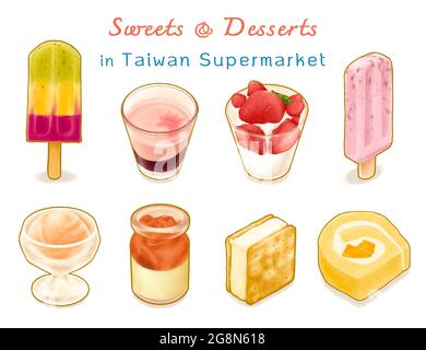 Süßigkeiten und Desserts in Taiwan Supermarkt, ein digitales Gemälde von Sakura sundae, Erdbeere Panna Cotta und Pudding, Eis Cracker Sandwich, rot werden Stockfoto