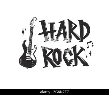Handgezeichnete E-Gitarre mit Rock-Text. Doodle-Skizzenstil. Zeichnung Linie einfache Gitarre Poster. Isolierte Vektordarstellung. Stock Vektor