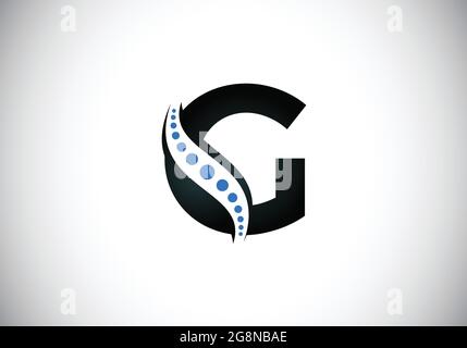 Anfangsbuchstabenalphabet mit G-Monogramm und chiropraktischem Wirbelsäulenlogo. Symbol für die Wirbelsäulenversorgung. Schrift-Emblem. Modernes Logo für orthopädische Geschäfte Stock Vektor