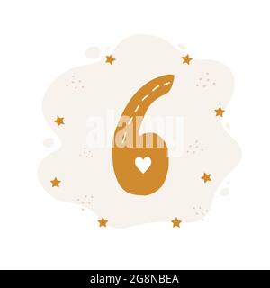 Nummer sechs im Boho-Stil. Niedliches Doodle-Element für Geburtstagskarte Vorlage. Skandinavische Vektorgrafik Stock Vektor