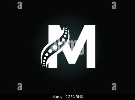Anfängliches M-Monogramm-Alphabet mit chiropraktischem Wirbelsäulenlogo. Symbol für die Wirbelsäulenversorgung. Schrift-Emblem. Modernes Logo für orthopädische Geschäfte Stock Vektor