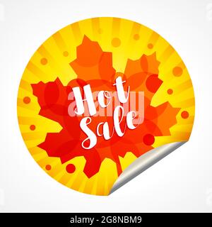 Herbst Verkauf kreative runde Rahmen. Saisonales Werbeplakat, rotes Farbbanner. Werbevorlage für Herbstsaison. Isoliertes Grafikdesign. 3D-Aufkleber, Blatt Stock Vektor