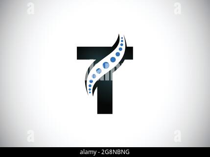 Anfängliches T-Monogramm-Alphabet mit chiropraktischem Rückenmark-Logo. Symbol für die Wirbelsäulenversorgung. Schrift-Emblem. Modernes Logo für orthopädische Geschäfte Stock Vektor