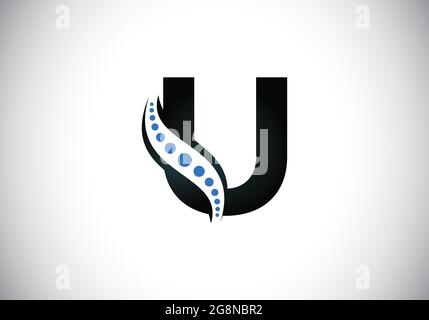 Anfangsbuchstabenalphabet mit U-Monogramm und chiropraktischem Wirbelsäulenlogo. Symbol für die Wirbelsäulenversorgung. Schrift-Emblem. Modernes Logo für orthopädische Geschäfte Stock Vektor